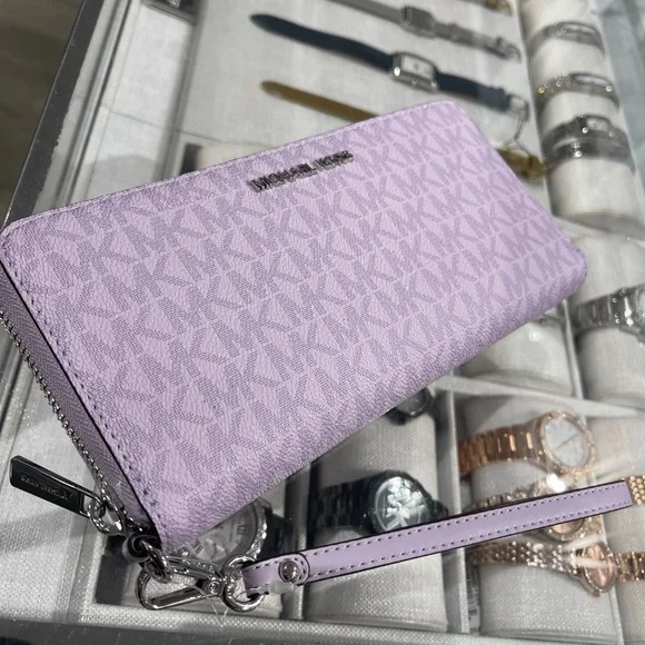 MICHAEL KORS Jet Set Large Signature Logo Continental Wallet Wristlet Lt Quartz - Picture 8 of 16